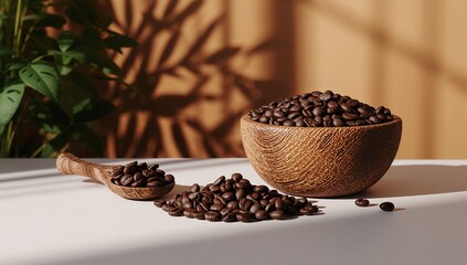 Aromatic coffee beans in bowl and spoon, with plant shadow backdrop
