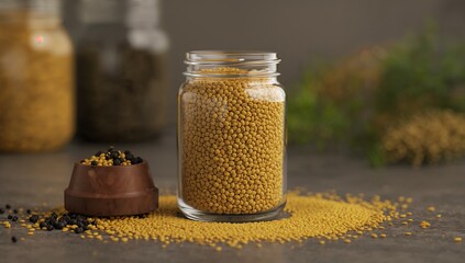 Glass jar filled with yellow seeds on a rustic kitchen table