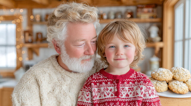 Child sitting with santa claus in a home library with a plate of cookies in the background