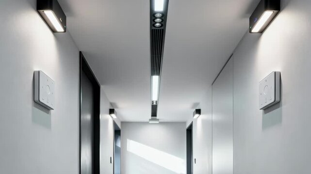 Medium shot of a hallway equipped with wireless lighting controls featuring flexible setups and automated dimming for enhanced energy efficiency.