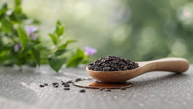 Black seeds in wooden spoon with oil, healthy natural remedy.