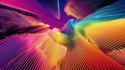 An abstract digital artwork depicting a futuristic landscape with geometric structures rendered in a vibrant rainbow gradient. The scene is illuminated by a sof