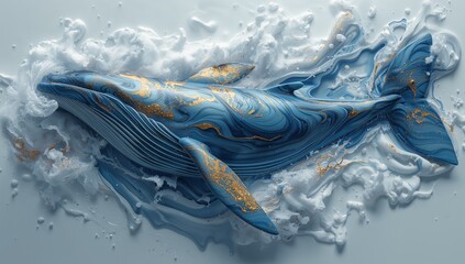 Fluid art whale with golden details amidst white foam and waves