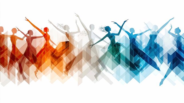 A group of female dancers performing in a stylized, abstract setting with a geometric pattern background. The dancers are depicted in silhouette with flowing mo