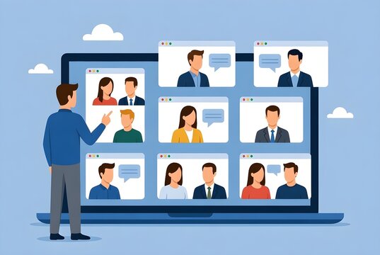 Remote Team Collaboration Through a Virtual Video Conference Call on a Laptop Screen - Powered by Adobe