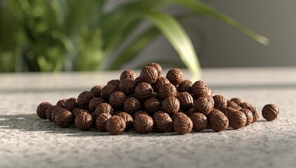 Fresh whole walnuts in shells on a light kitchen counter top