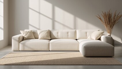 Modern minimalist living room with neutral sofa and warm light