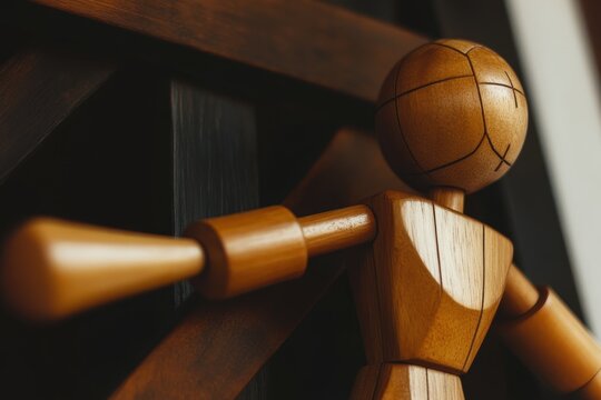 A close-up of a wooden mannequin figure against a dark background, highlighting creativity in design and art, evoking themes of inspiration and exploration in artistic expression. - Powered by Adobe