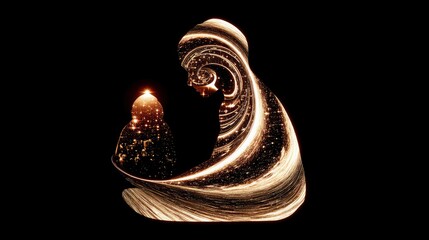 Two abstract, stylized figures made of swirling golden light and sparkling particles against a black background. One figure is smaller and appears to be looking