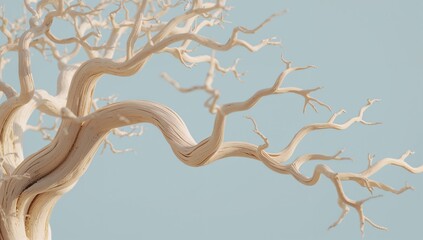Gnarled dried white tree branches on a calm, bright blue backdrop