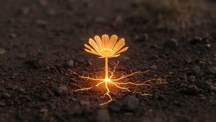 Glowing flower with bright roots emerging from barren earth