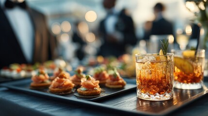 A sophisticated spread of gourmet appetizers and elegant cocktails at a stylish event, set against a blurred background of guests in formal attire.
