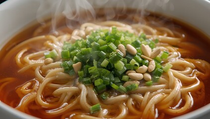 Close-up of steaming traditional asian noodles, peanuts, scallions