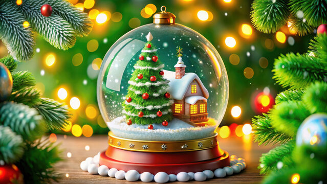 Festive christmas snow globe with a decorated tree and house surrounded by pine branches and holiday lights