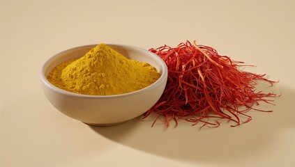 Bright turmeric powder in bowl with vibrant saffron threads spice