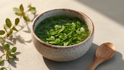 Bright green leaves soaking in water, rustic bowl, natural light