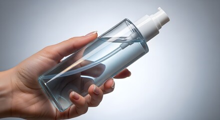 Hand holding clear cosmetic serum bottle
