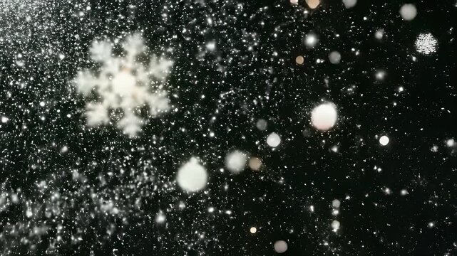 Snowboarder soaring through air surrounded by falling glowing snowflakes on dark background with twinkling white lights, capturing thrill of winter sports freedom and exhilaration.