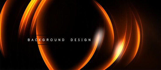 Abstract orange lines form circular shapes. Dark background creates dramatic visual effect. Modern design element for banners, presentations.