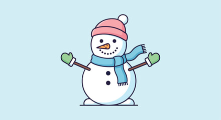 Cute Snowman with Scarf and Beanie Pastel Color Palette Outlined Flat Vector