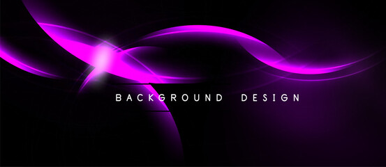 Abstract purple waves over black background. Bright glow emanates from central point, creating dynamic visual effect. Modern design element.