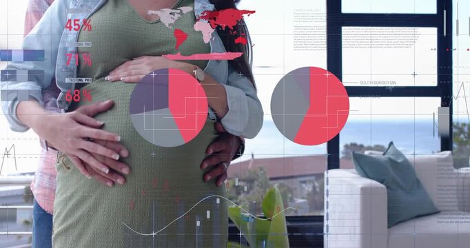 Partner stepping in, expectant couple cradling belly, animated prenatal charts floating over bump