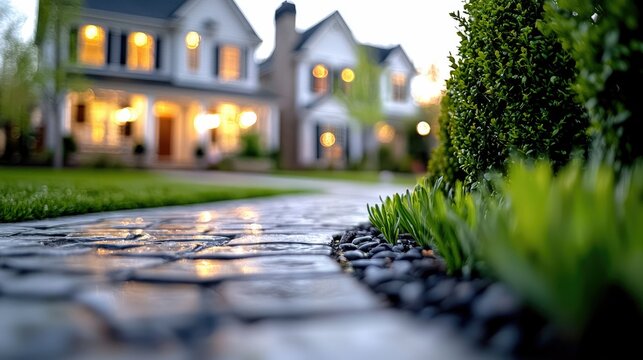 A large, elegant suburban house with warm lights glowing from its windows, set against a soft twilight sky. A stone pathway leads towards the house, bordered by