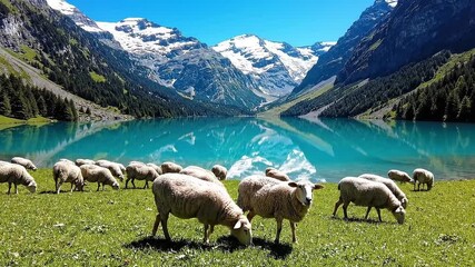 Idyllic alpine landscape with a flock of sheep grazing in a vibrant green meadow by a stunning turquoise mountain lake, reflecting majestic snow-capped peaks - Powered by Adobe