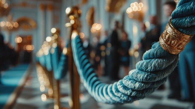 A beautifully detailed interior scene featuring a decorative rope barrier, surrounded by elegant lighting and blurred figures in the background.