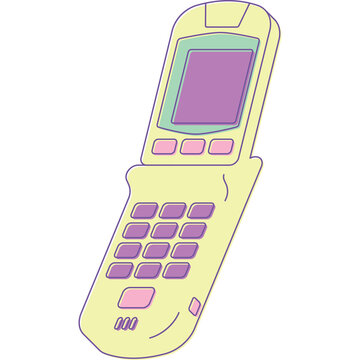 Retro Flip Phone in Pastel Yellow with Purple Screen and Pink Buttons Transparent Background Simple Vector Illustration