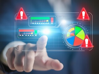Futuristic dashboard with glowing charts and alert icons, illustrating data analysis and risk management