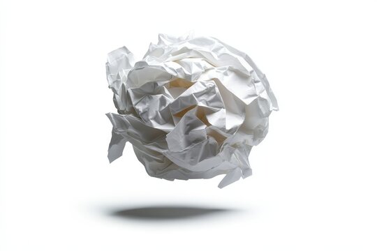 An additional artistic view of a crumpled white paper ball suspended in air, emphasizing creativity and originality in a minimalistic portrayal, resonating emotions of innovation.