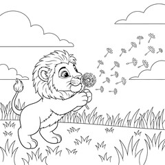 Adorable cartoon lion cub blowing on a dandelion flower.