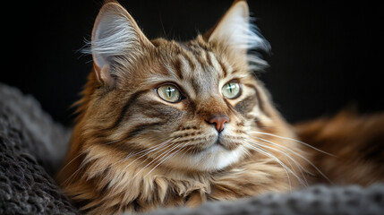 Majestic Maine Coon Cat with Striking Green Eyes Gazes Intently Amidst Soft Textures