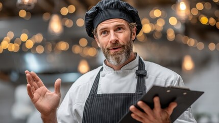 A professional chef with a beard and hat gestures while holding a clipboard, surrounded by warm, ambient lighting in a restaurant setting.