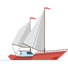 Pixel Art Red Sailboat with White Sails and Red Flags on Transparent Background Sailing on Water