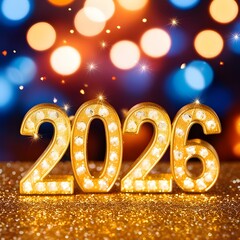 Golden glitter "2026" numerals with illuminated rhinestones on a sparkling gold surface, colorful bokeh lights and starburst highlights &mdash; festive New Year celebration background