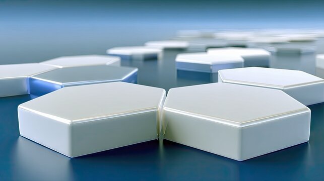 A close-up, abstract view of white and silver hexagonal tiles arranged in a repeating pattern on a reflective blue surface. The lighting is soft and diffused, c
