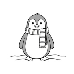Charming penguin wearing a cozy scarf standing on a snowy surface. © Faiz