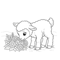 Cute baby lamb sniffing a bouquet of wildflowers in a meadow.