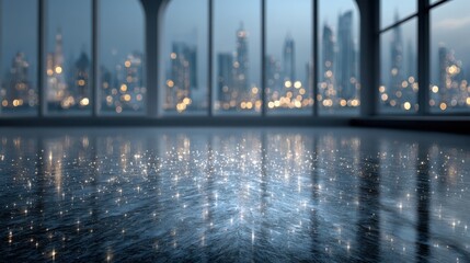 A serene indoor space with a reflective floor, showcasing a city skyline through large windows, illuminated by soft lights.