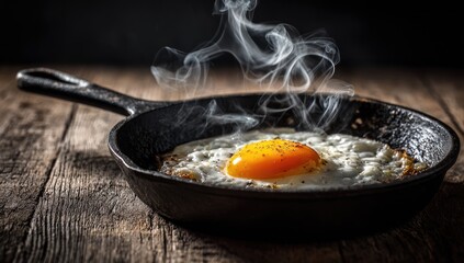 Frying pan with sunny-side up egg on aged wood surface