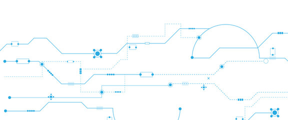 Vector futuristic technology background with white circle circuit wires on light blue motherboard.