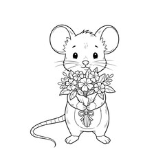 Cute Cartoon Mouse Holding a Bouquet of Flowers Coloring Page.