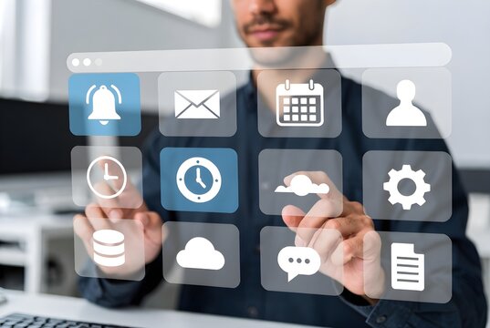Seamless Digital Interaction A Modern User Navigating Application Icons on a Transparent Interface - Powered by Adobe