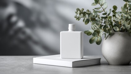 White square bottle on book, eucalyptus, grey backdrop