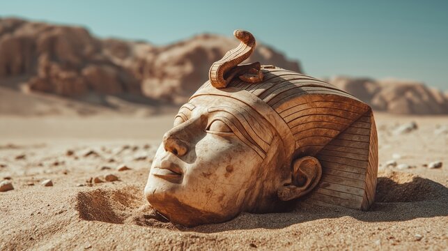 Ancient Egyptian Pharaoh Head in Sand