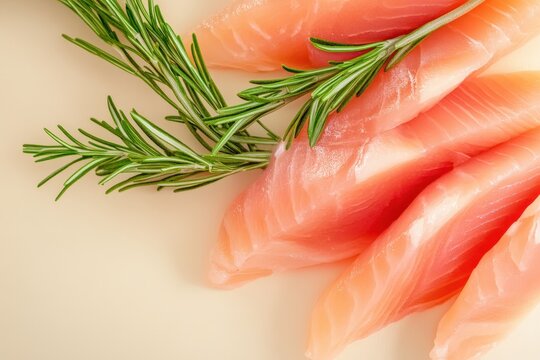 An inviting display of fresh sliced fish adorned with fragrant rosemary sprigs, encapsulating culinary artistry, flavor, and the vibrant appeal of fresh ingredients on a cutting board.