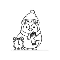Festive Penguin Celebrating New Year with Clock and Hot Drink.