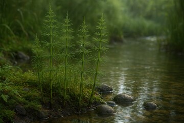 horsetail plants (Equisetum arvense) growing along a clear stream. Lush green moss, ferns, and smooth wet stones surround the slender segmented stems in soft natural daylight, creating a calm, serene 